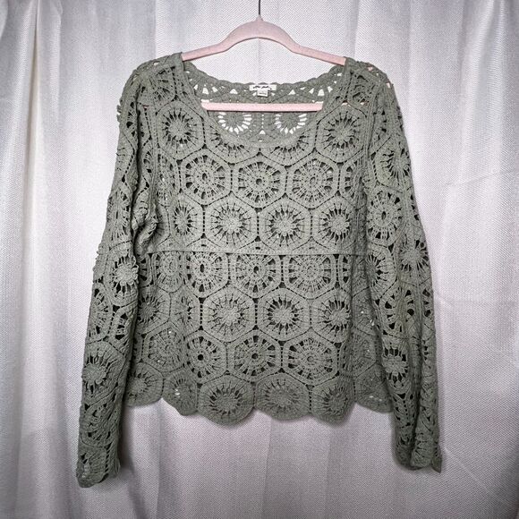 Boho Sage Crochet Knit Top Long Sleeve 100% Cotton Festival Peasant Blouse L - Picture 7 of 10
